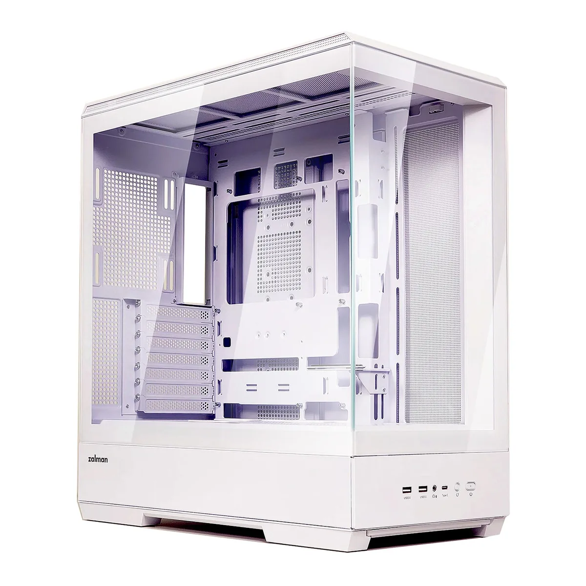 White ATX mid-tower case with panoramic tempered glass side panel and hinged rear cable doors