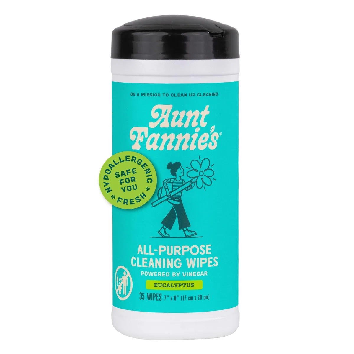Blue cylindrical canister with flip-top lid, 35 eucalyptus wipes inside