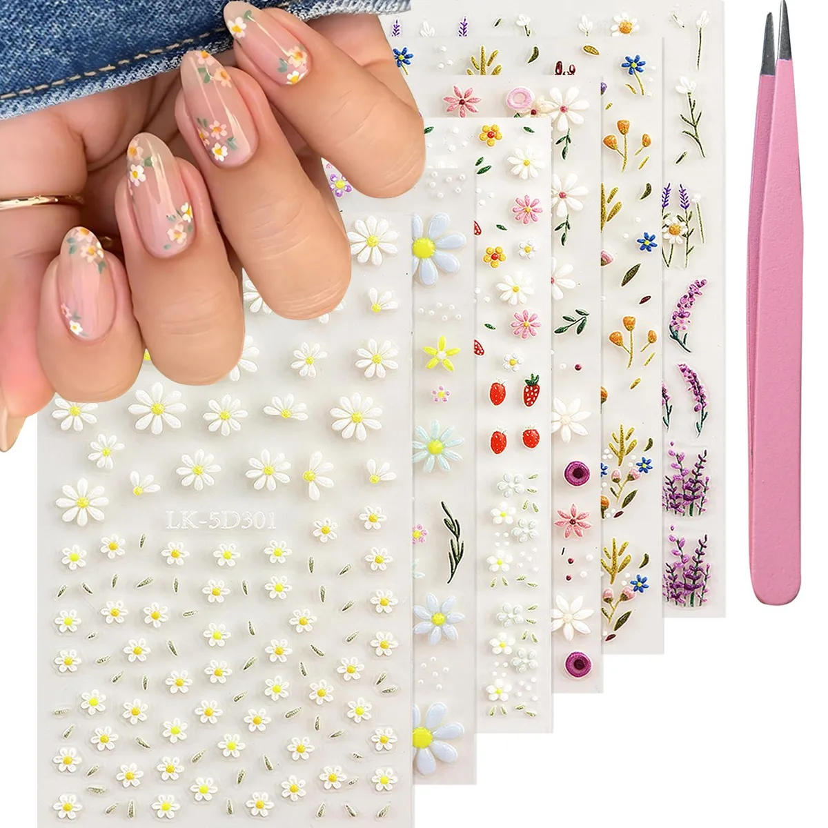 Pack of 5D embossed floral nail decals with tweezers