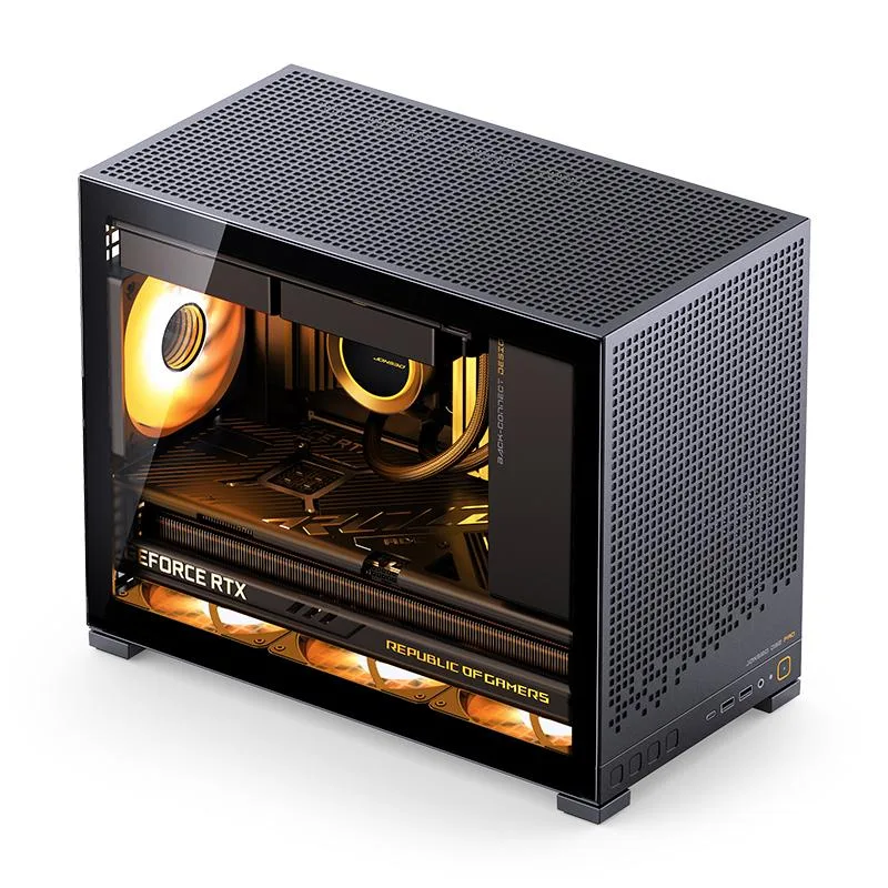 Black Micro-ATX tower with tempered glass side panel, compact rectangular form