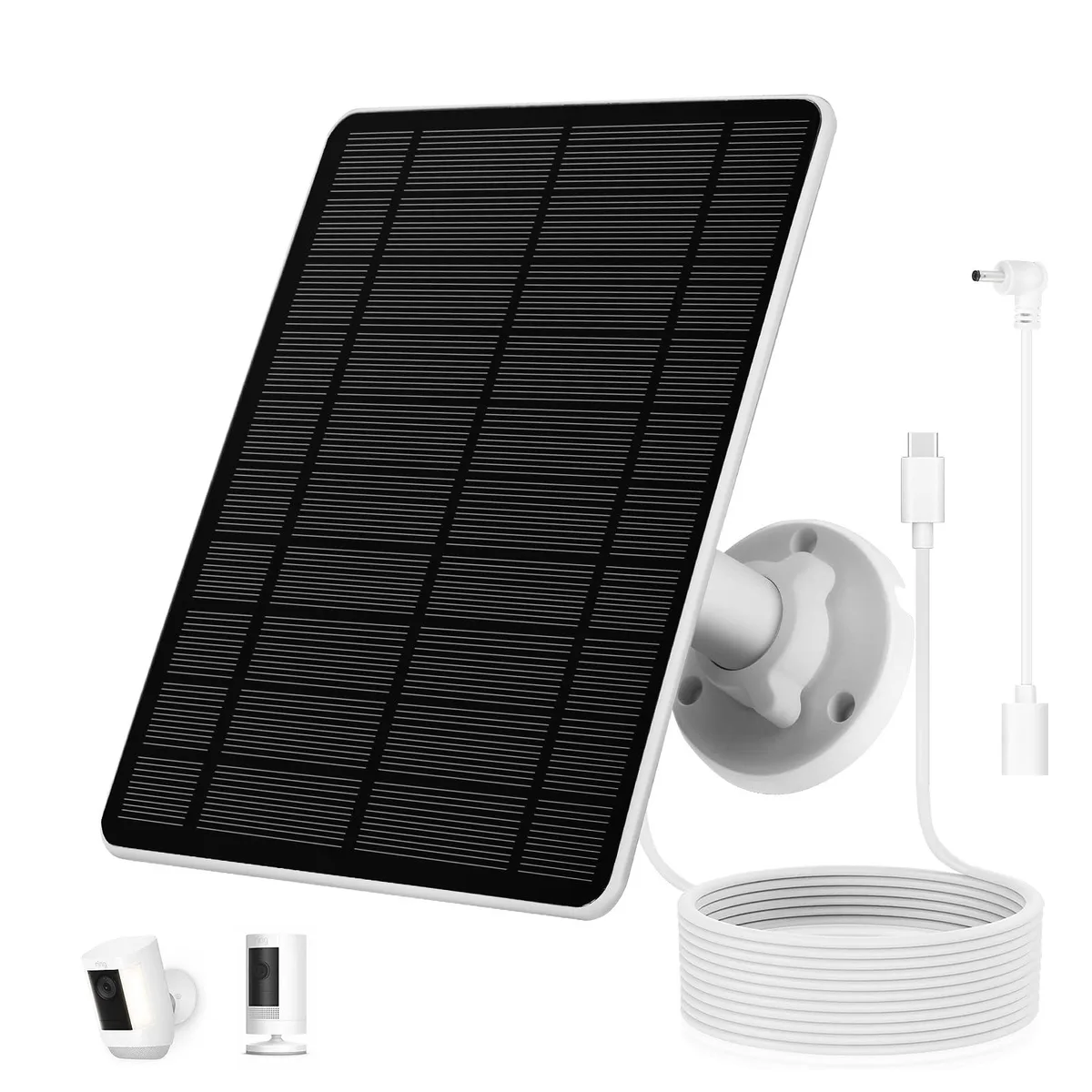 Black circular solar panel with adjustable 360° bracket and 13 ft cable