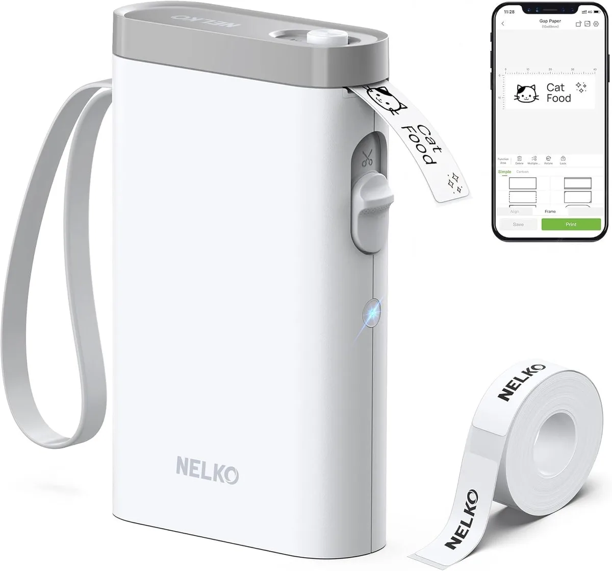 White rectangular portable label printer with rounded edges and a roll of white label tape visible inside