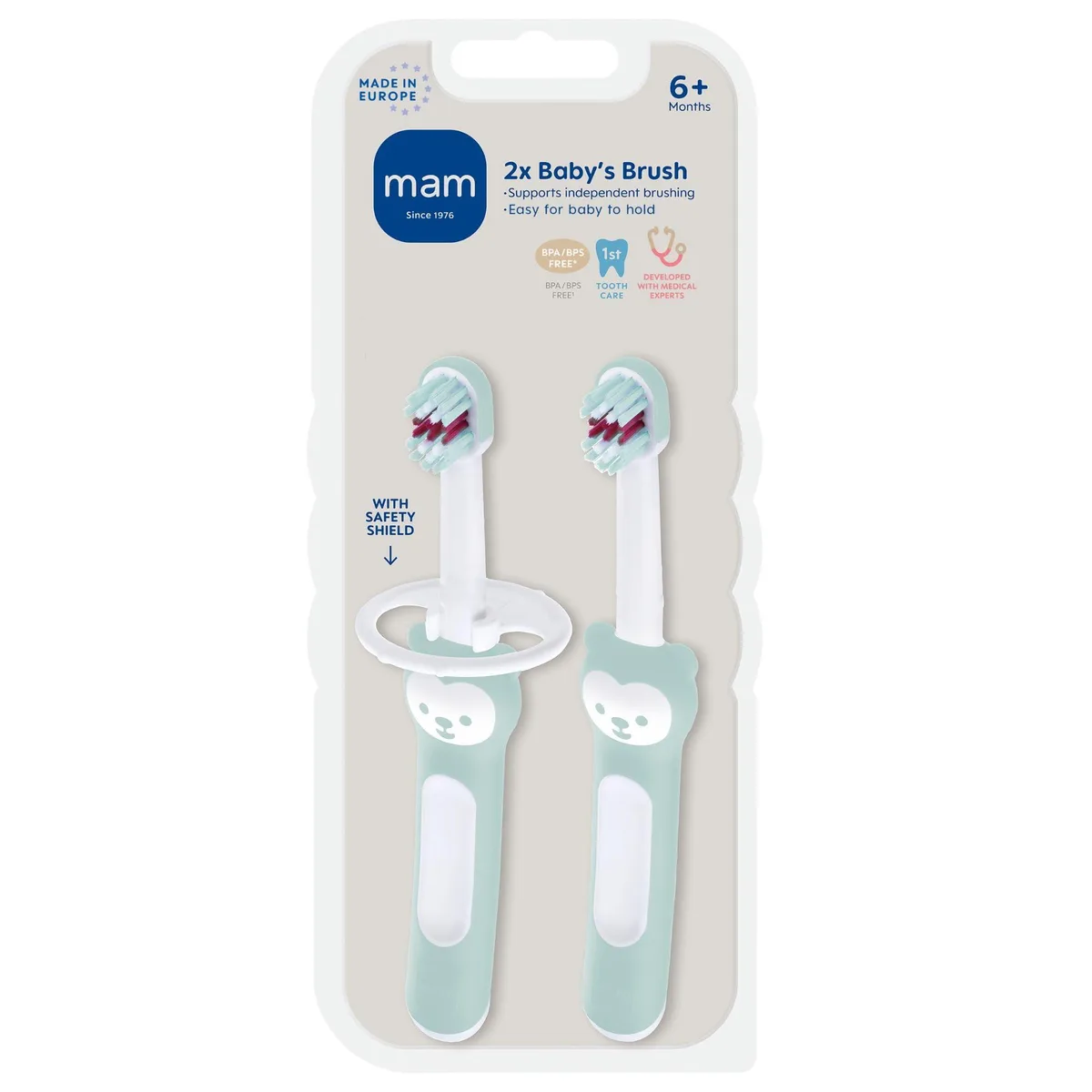 Two blue baby toothbrushes with safety shields and soft bristles
