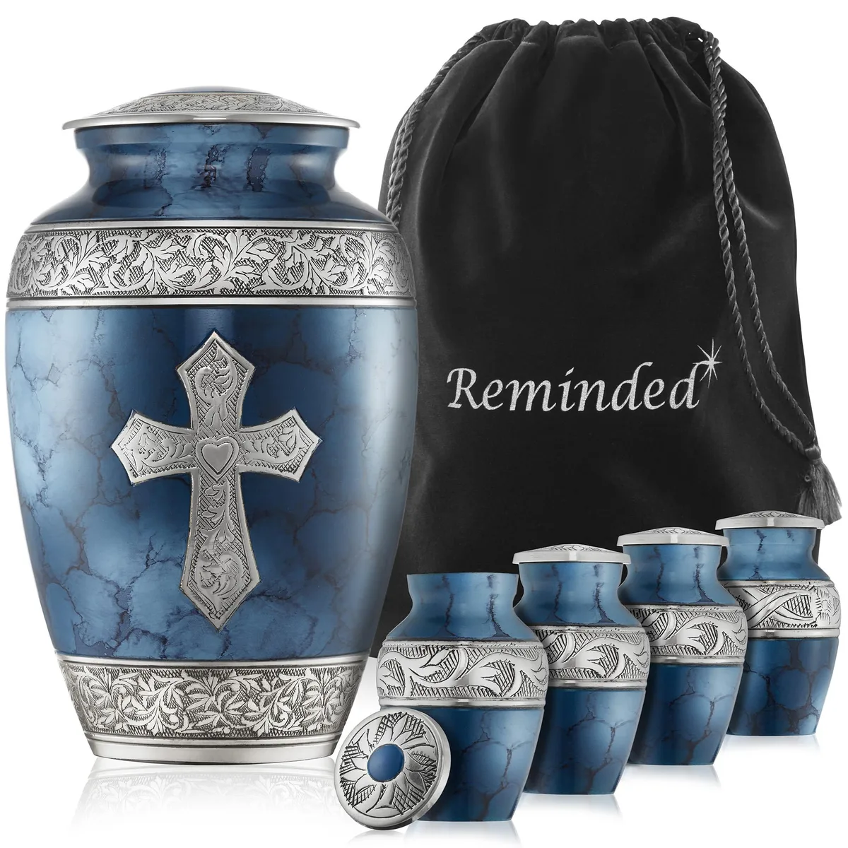Reminded Reminded Set of 5 Engraved Cross Cremation Urns, Blue — product photo