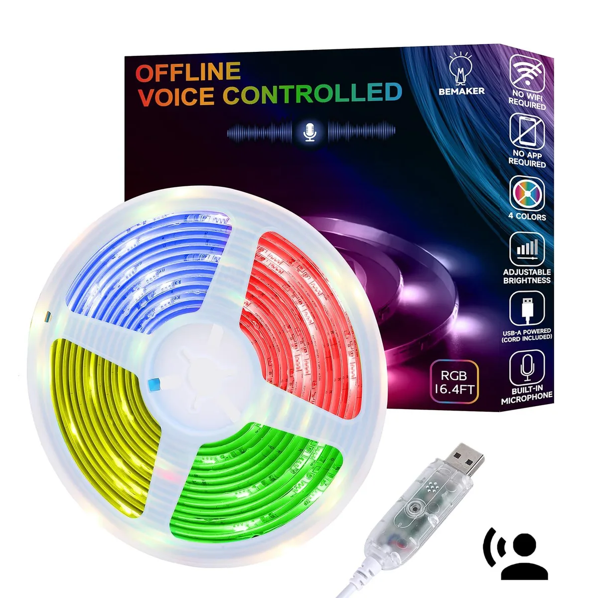 Flexible blue LED strip on a 16.4ft reel, USB-powered with adhesive backing