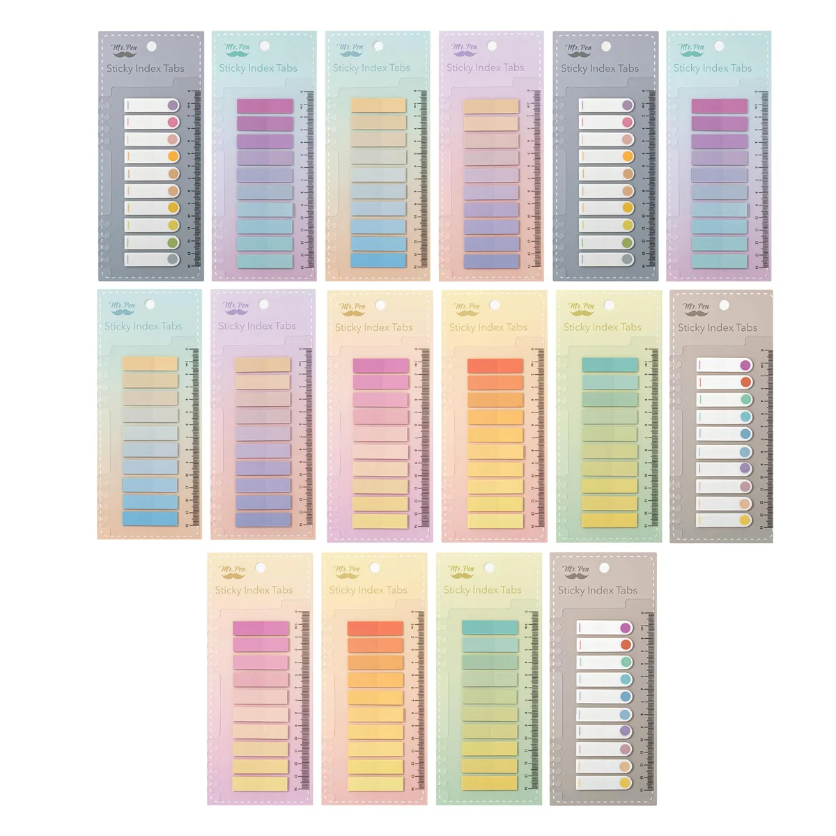 Sixteen pastel translucent square sticky-tab sets in a rectangular pack