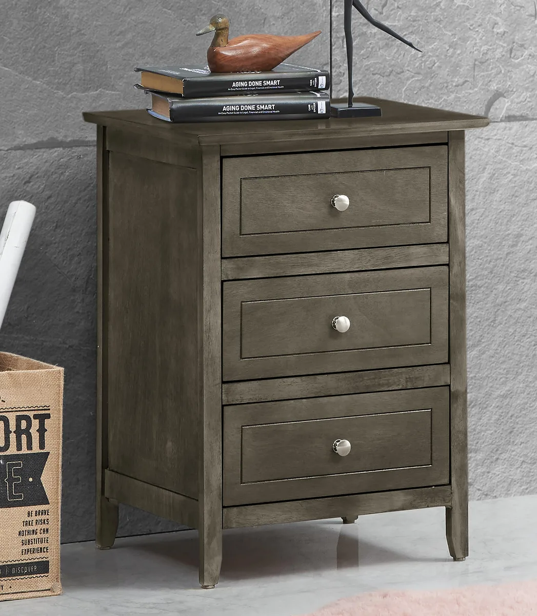 Gray rectangular nightstand with three drawers and clean lines
