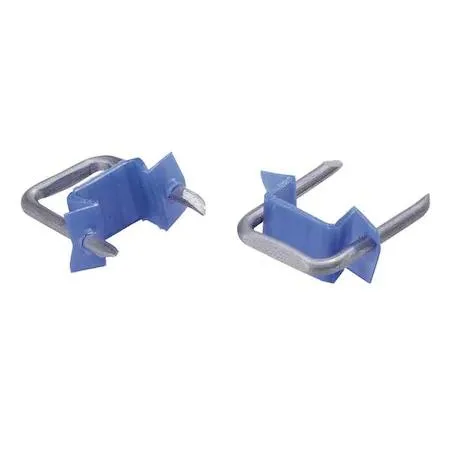 Box of 500 blue half-inch cable staples with metal legs