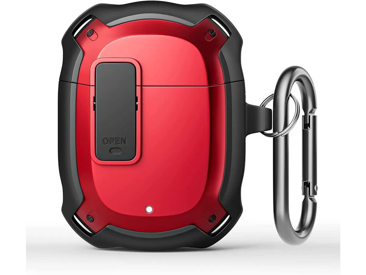 Red hard-shell protective case for Google Pixel Buds 2 with front LED window, secure lock latch and metal carabiner clip