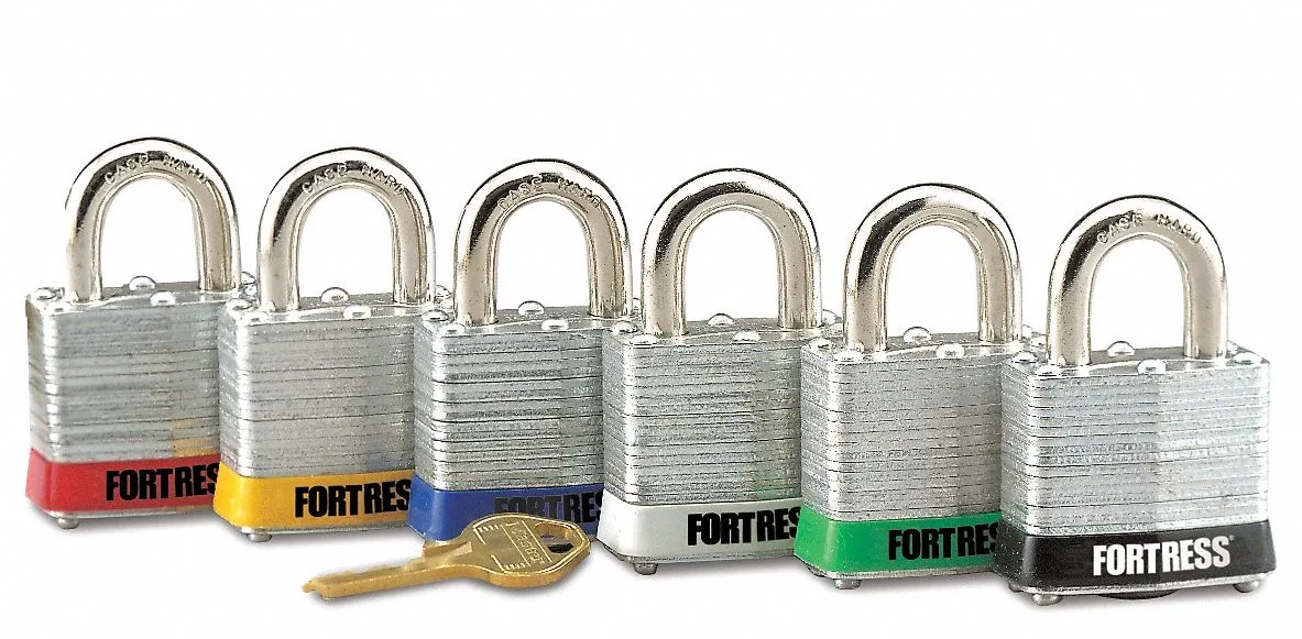 Blue steel padlock with hardened shackle, 3/4 inch clearance