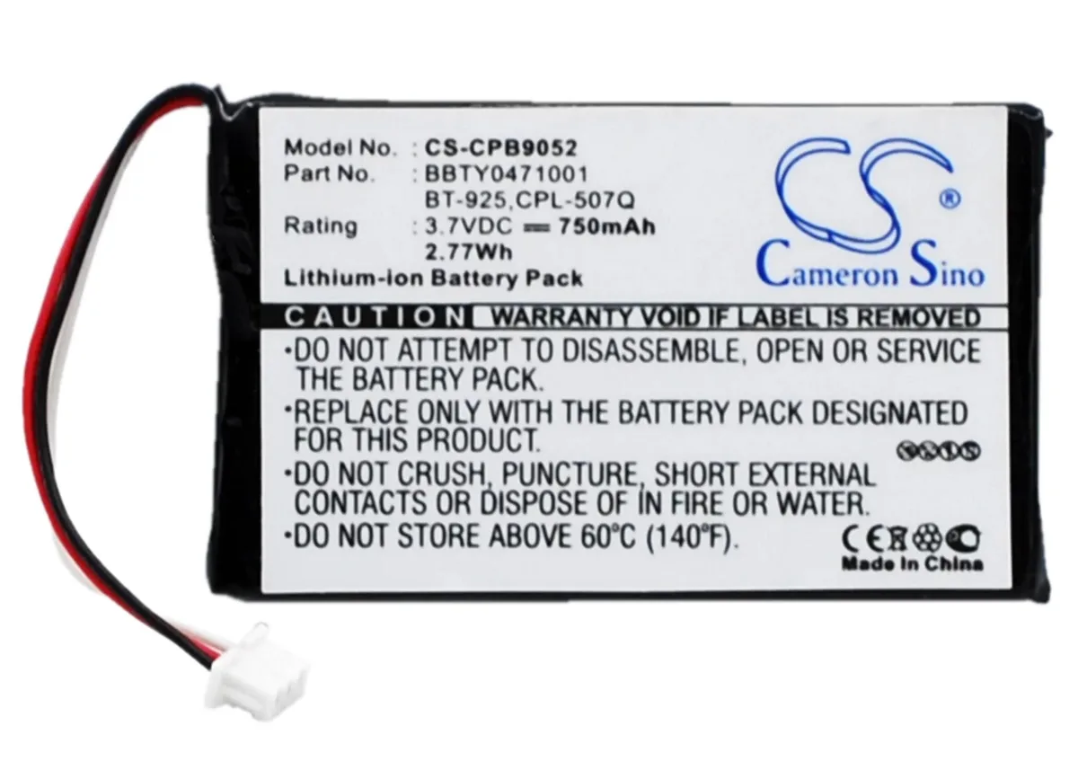 Rectangular replacement battery pack, dark grey plastic casing, two flat contacts visible