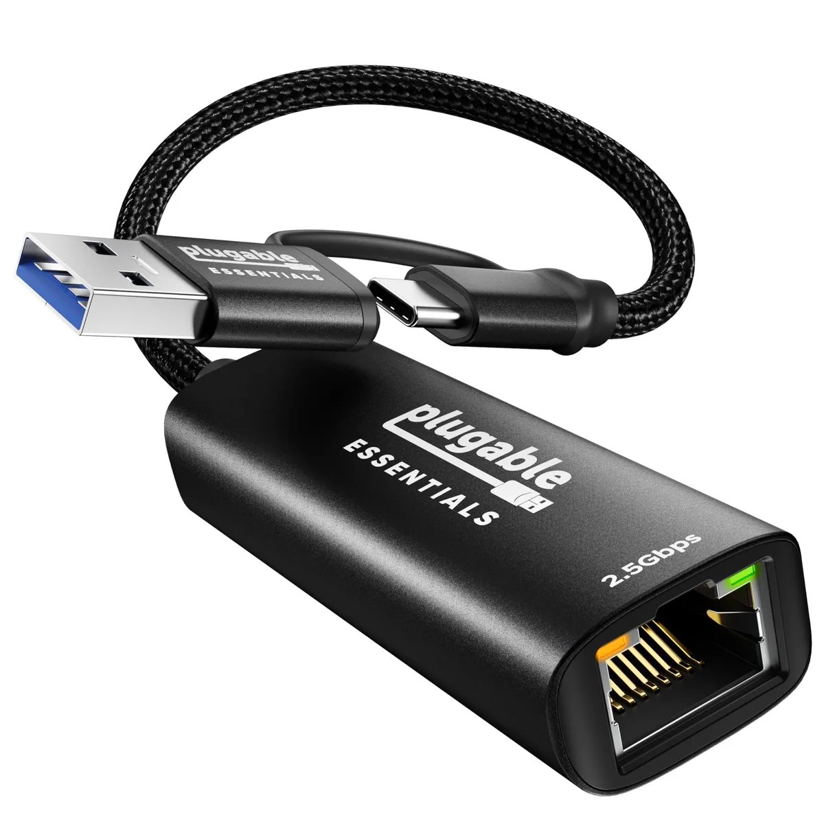 Compact black aluminium network adapter with braided cable and dual USB-A and USB-C connectors