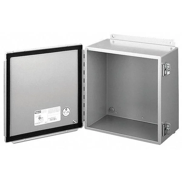 Gray powder-coated carbon steel wall-mount electrical enclosure with hinged solid cover and screw-down clamps
