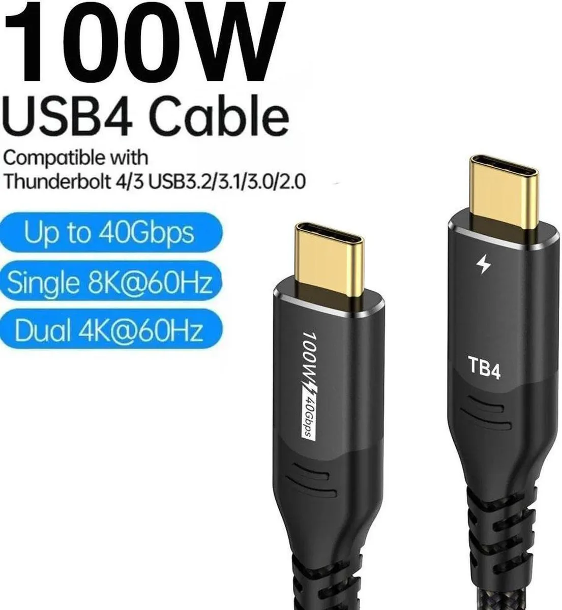Black USB-C cable with nylon braided finish, 3.3ft long