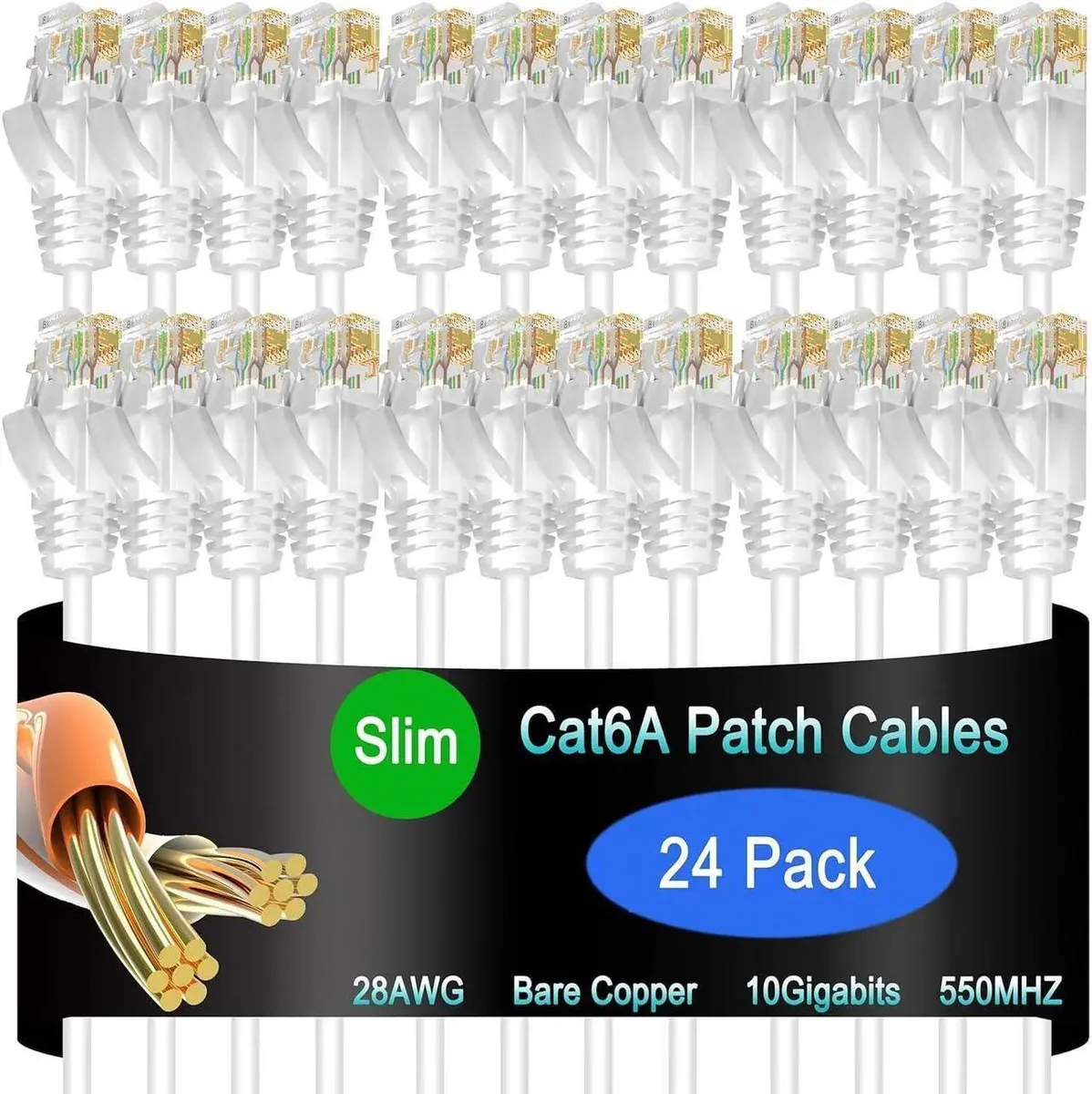 White slim Cat6a patch cables, 1.5 ft, 24 pack