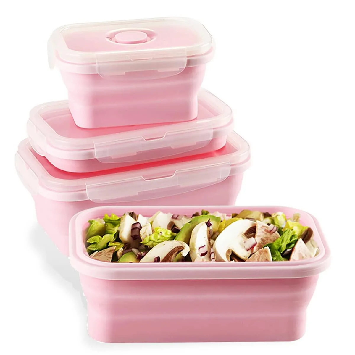 Three red collapsible silicone containers with snap-lock lids, nested together
