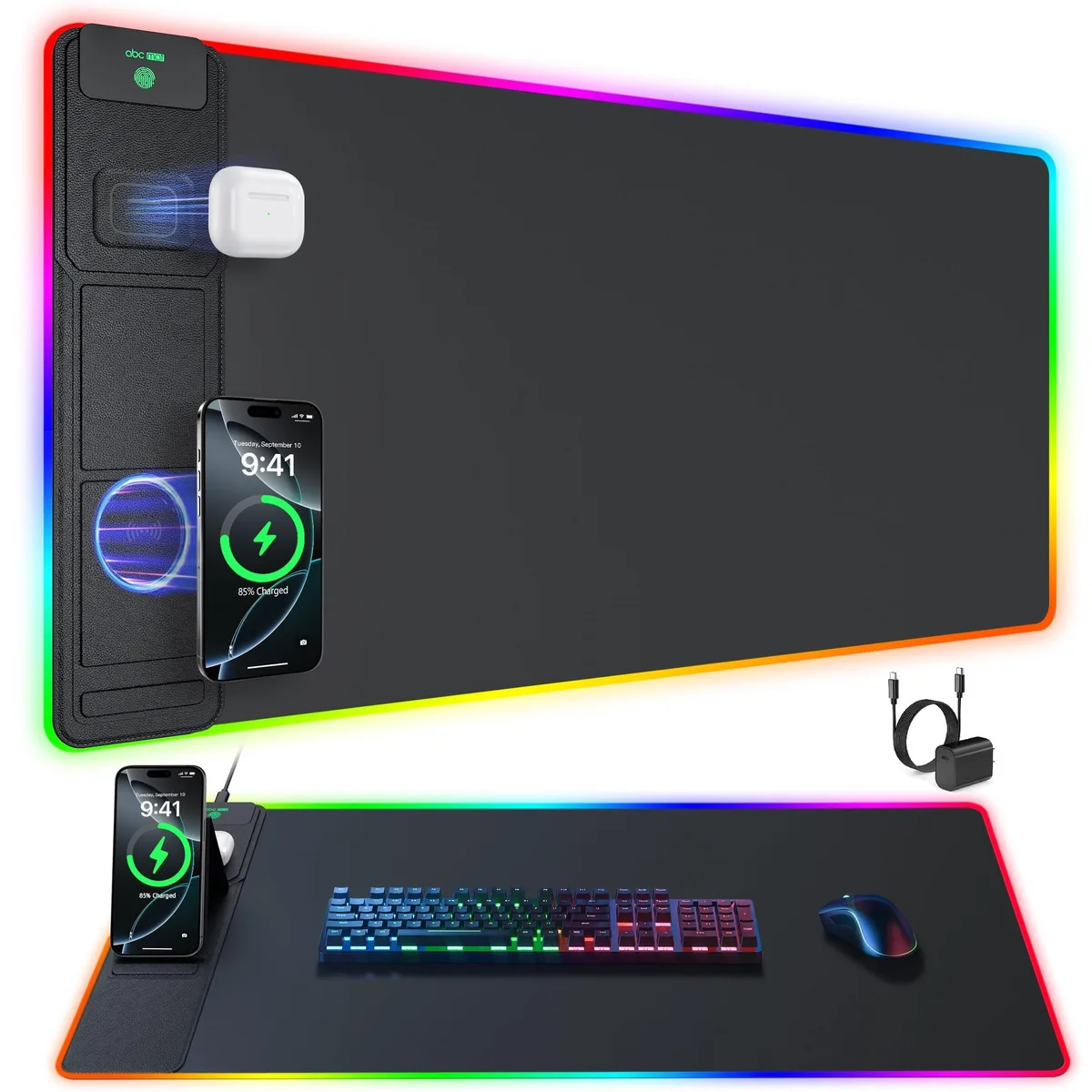  abc.mat HD101 RGB Gaming Mouse Pad with Wireless Charging &amp; Phone Stand, 31.5"x15.8", 24 Light Effects — product photo