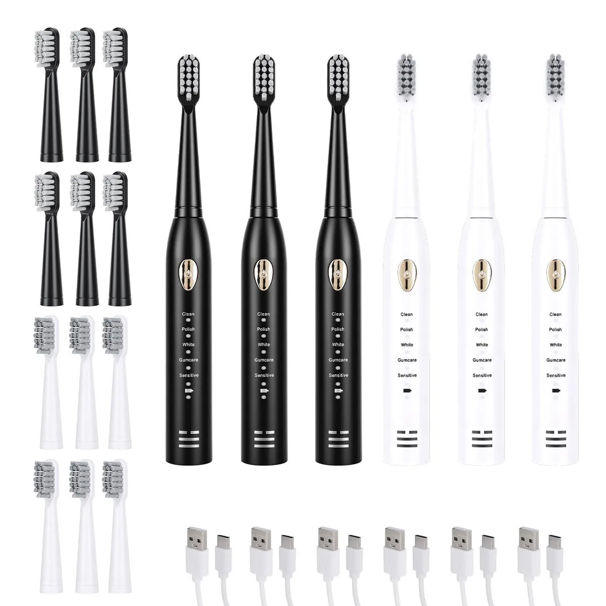 Six black rechargeable sonic toothbrushes with charging cables