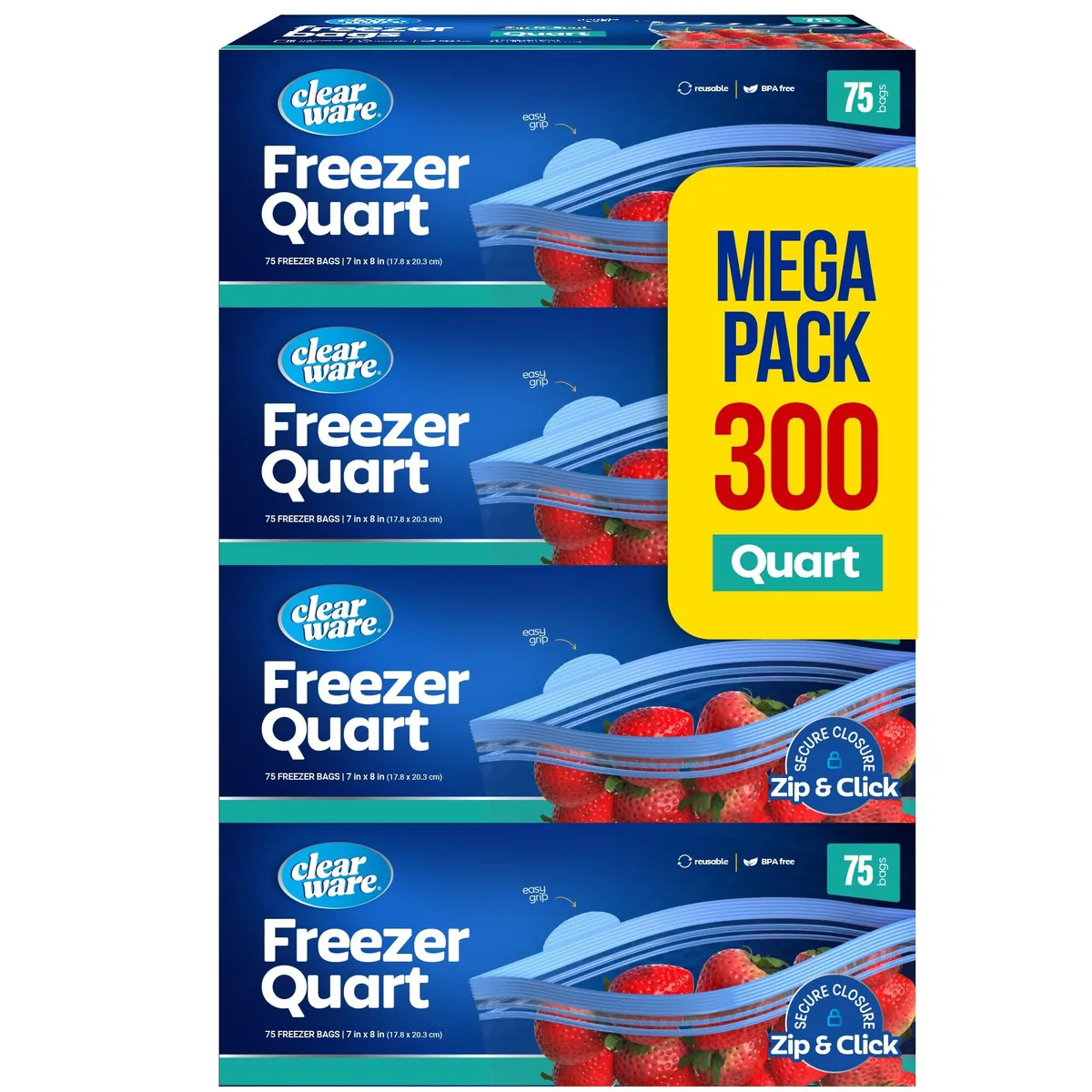Four packs of clear rectangular zipper bags in a box