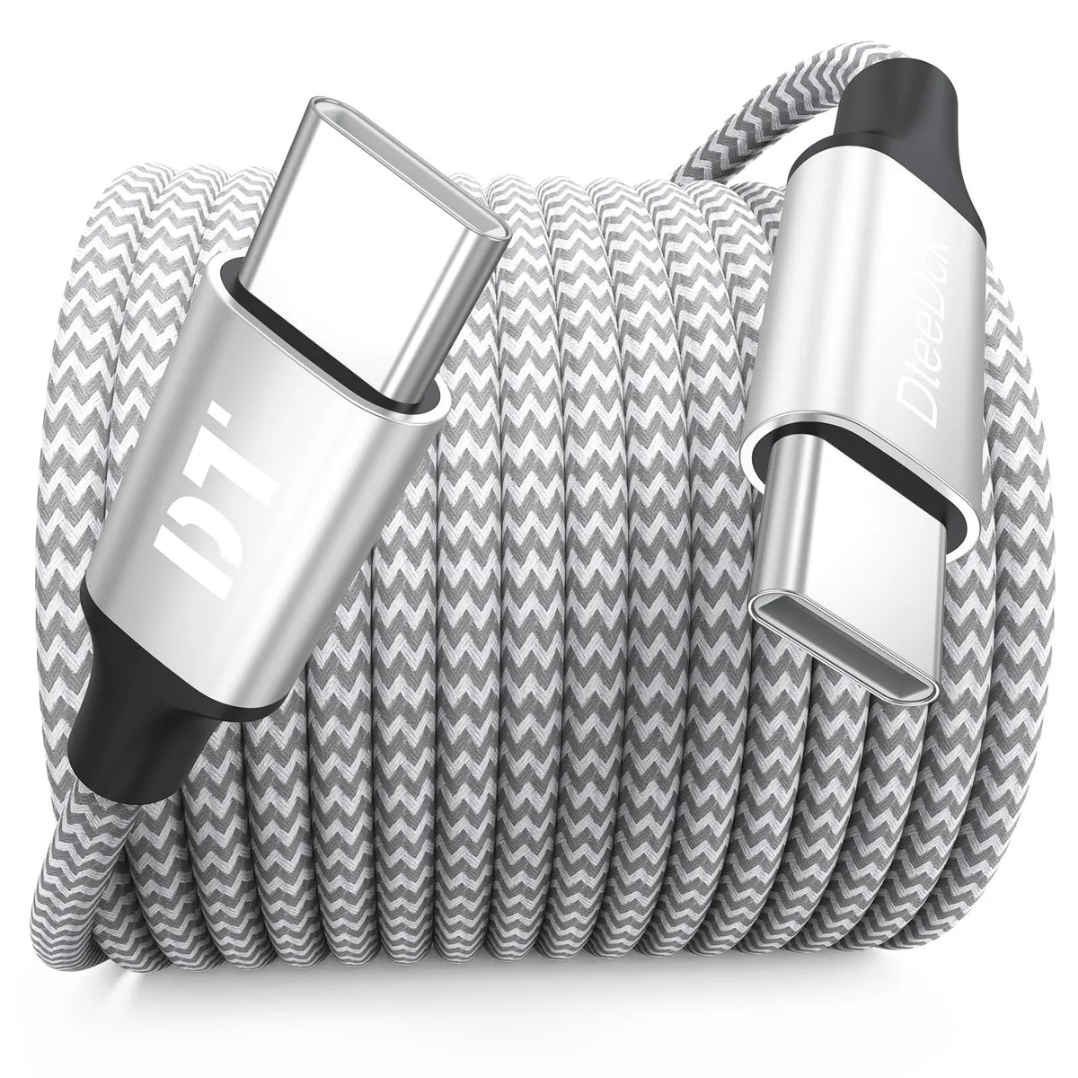 Silver braided USB-C to USB-C cable with aluminium connector housings, 20 ft long