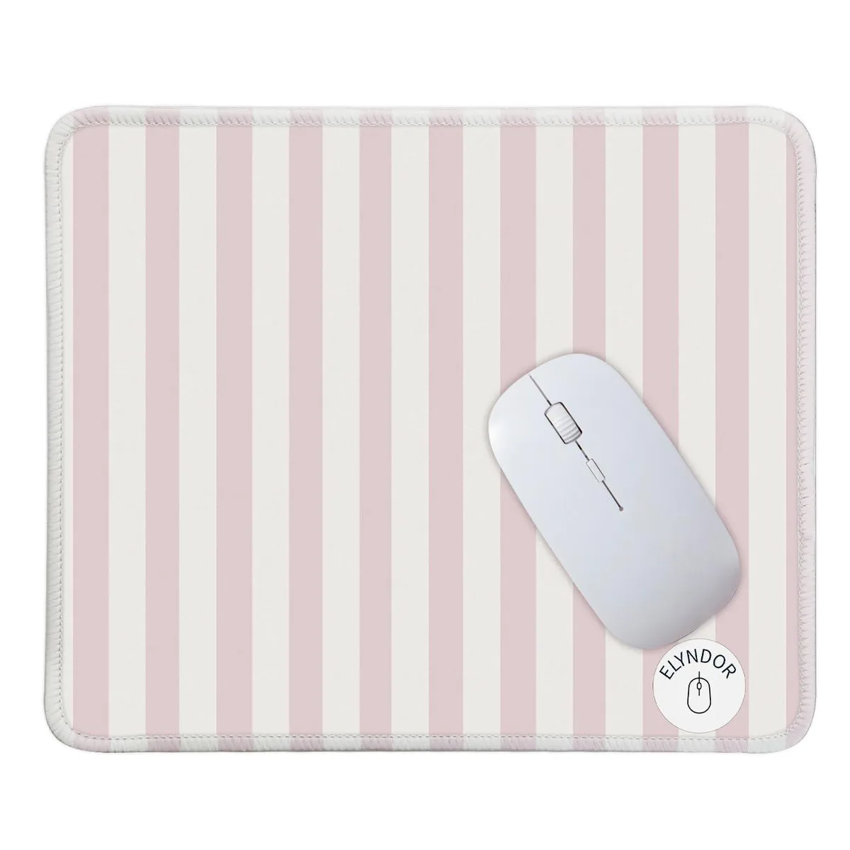 Pink-striped rectangular mouse pad with stitched edges and rubber base
