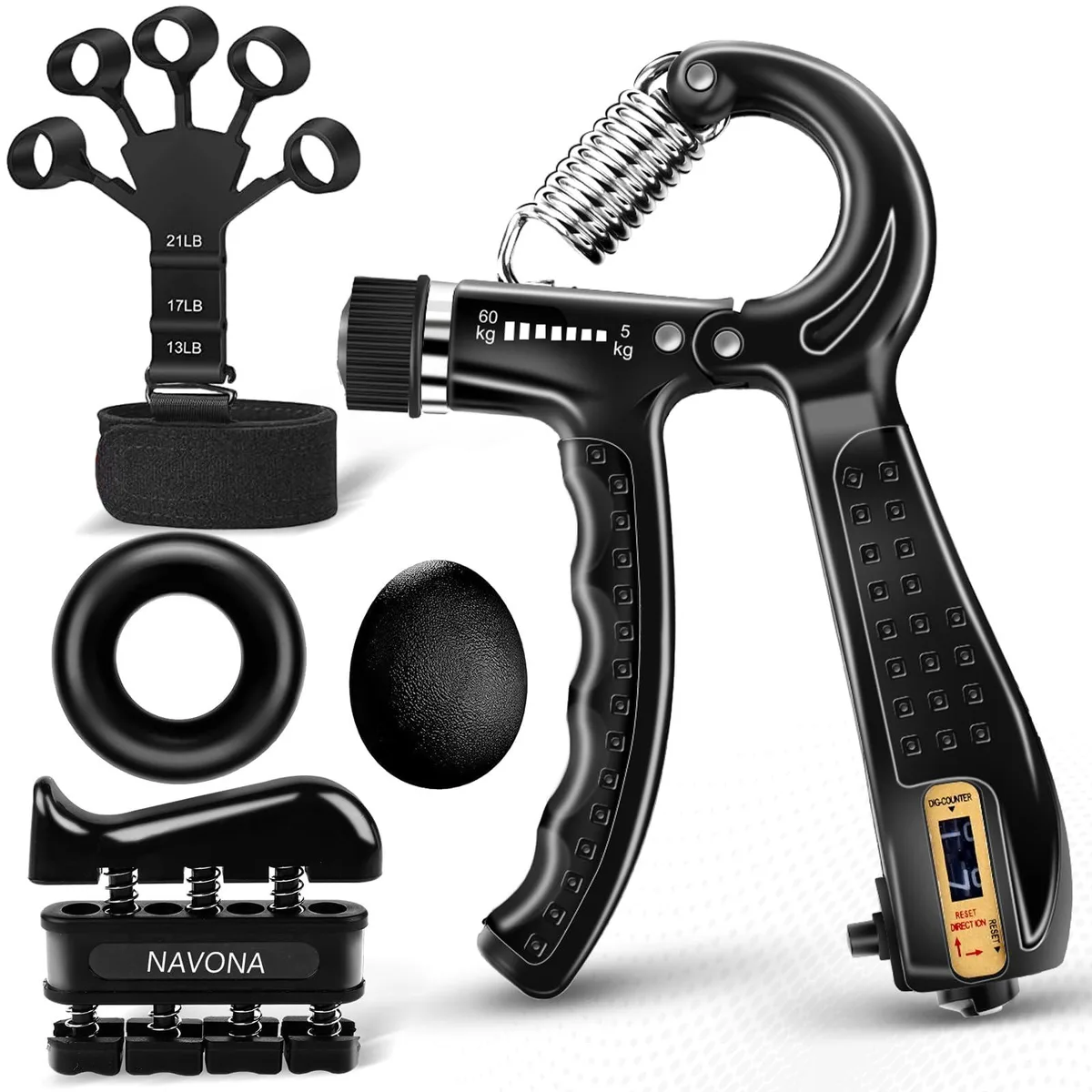 Five-piece grip strength kit with adjustable hand gripper, finger stretcher, finger exerciser, stress ball and forearm ring