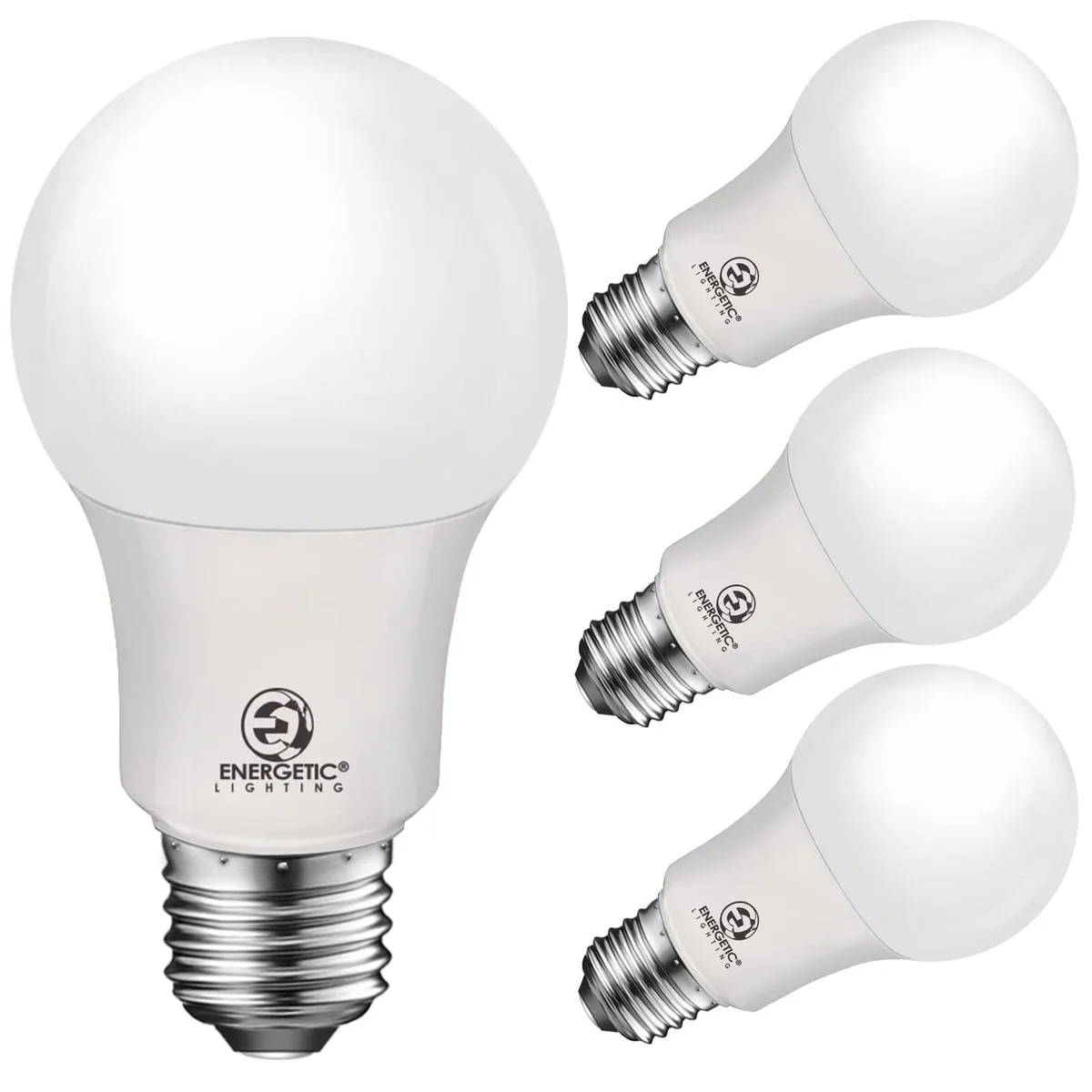 Four A19 LED bulbs with standard E26 bases in a pack