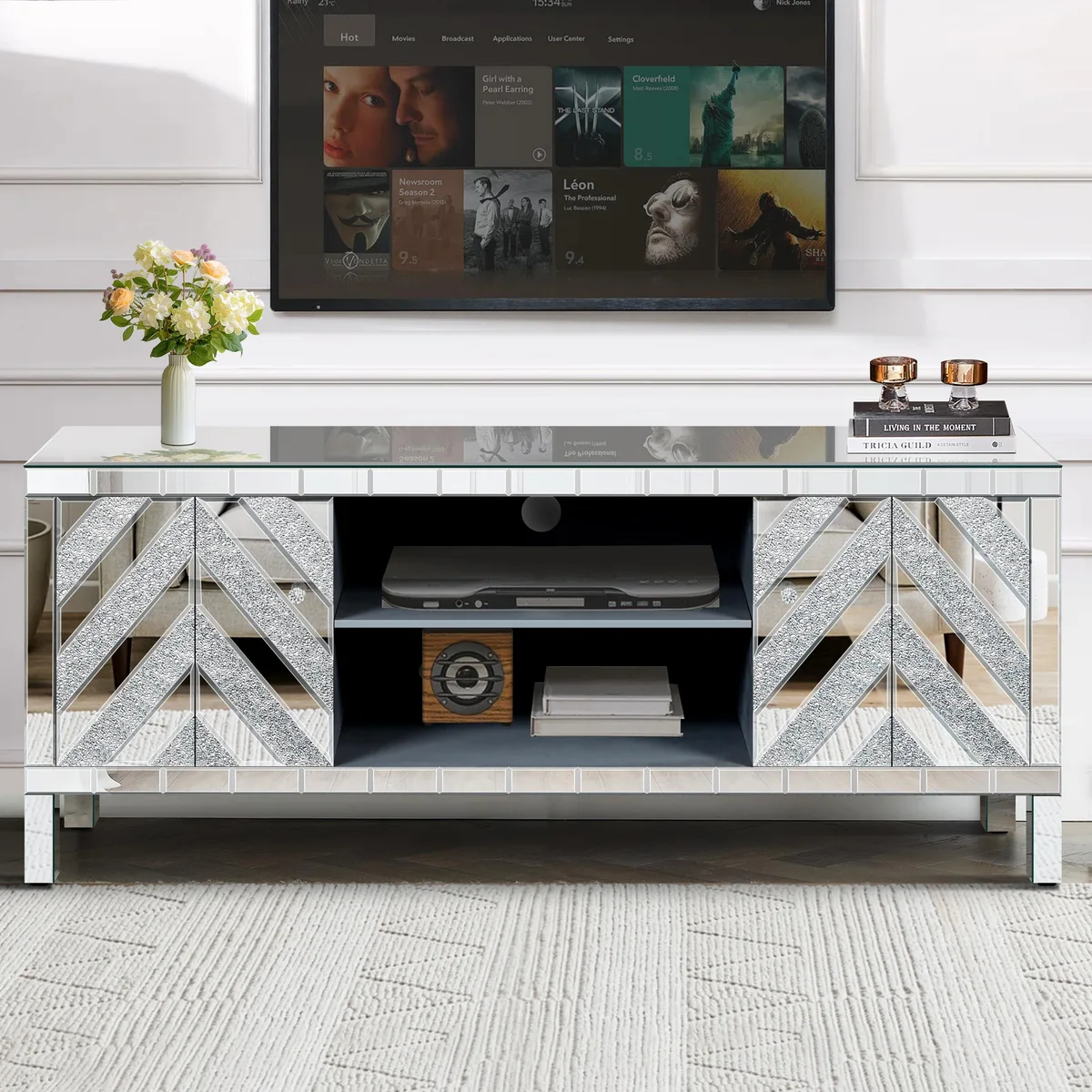 tuphen tuphen Mirrored TV Stand Silver 59W 65 inch 2 cabinets — product photo