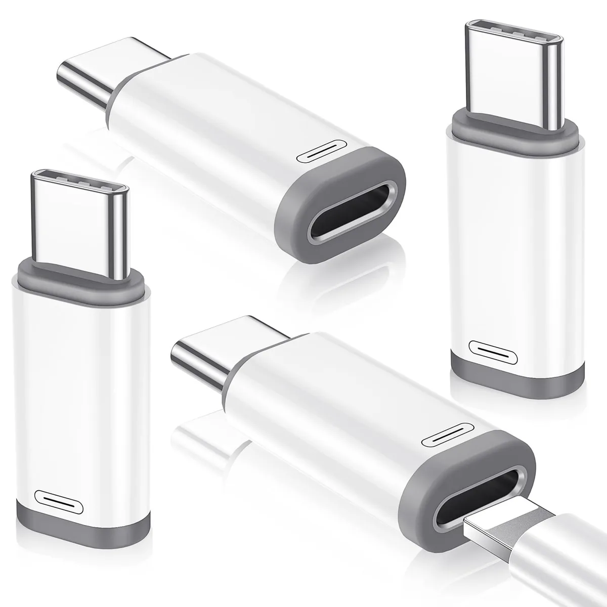 Four white Lightning to USB-C adapters with aluminium finish and silicone sleeves