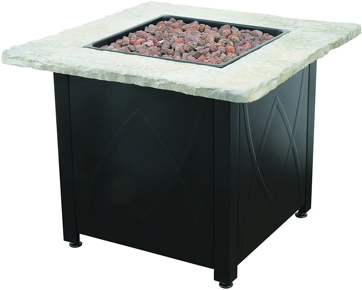 Brown faux stone fire table with steel bowl and oil rubbed bronze finish, 30 inches wide