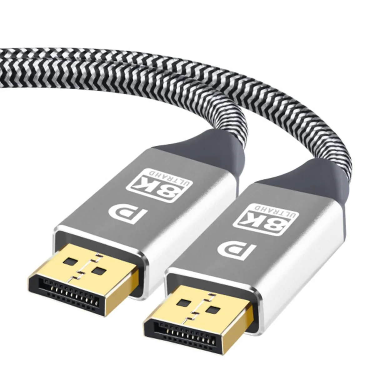 Black 16 ft DisplayPort 1.4 cable with gold connectors and braided jacket