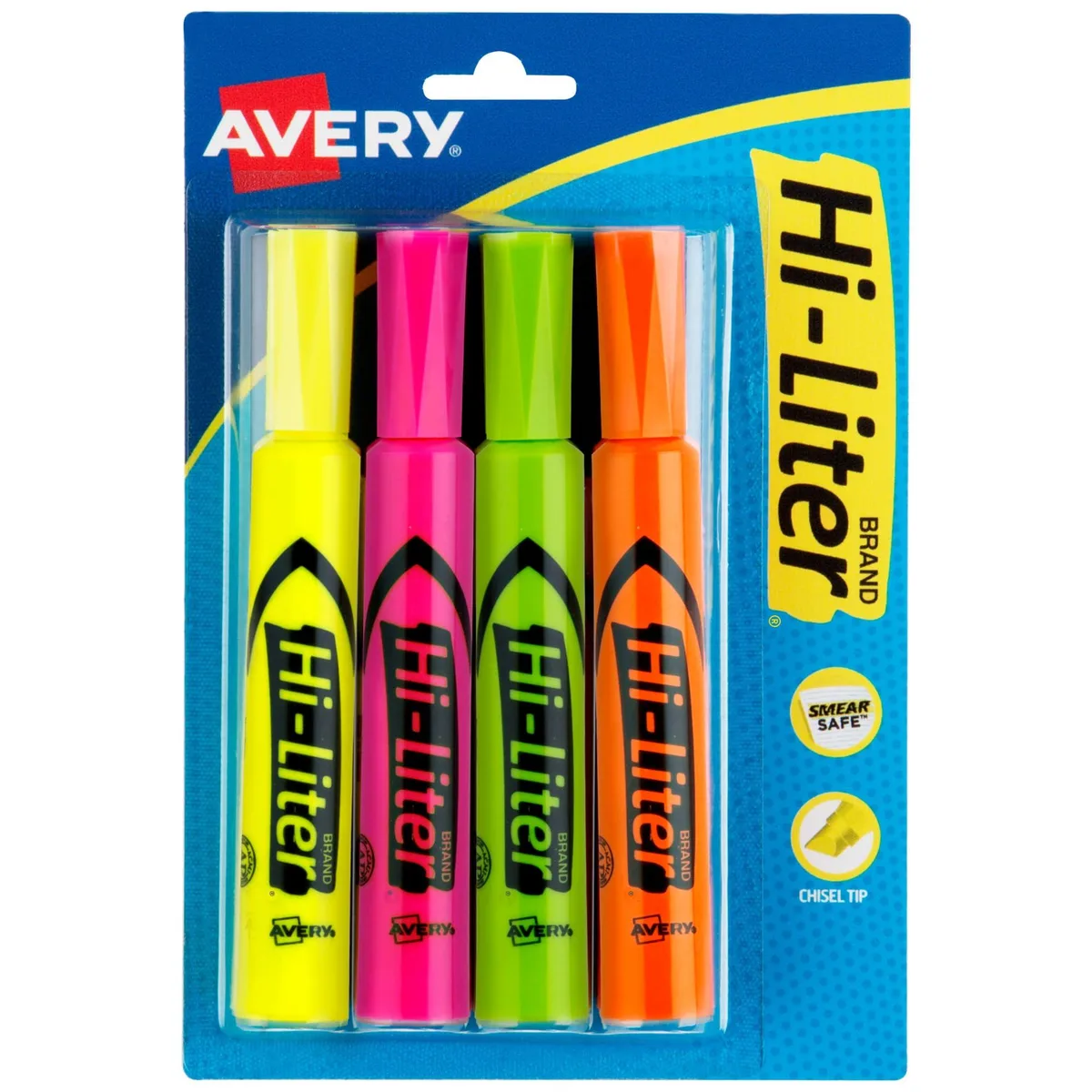 Four fluorescent chisel-tip highlighters in green orange pink yellow