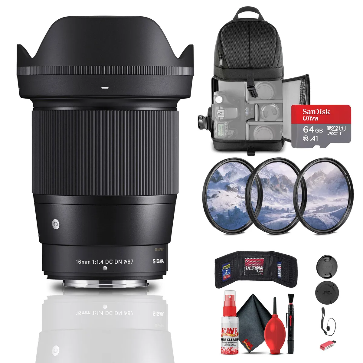 SIGMA SIGMA 16mm f/1.4 DC DN Contemporary Lens for FujiFilm X with 64 GB Card and Backpack — product photo