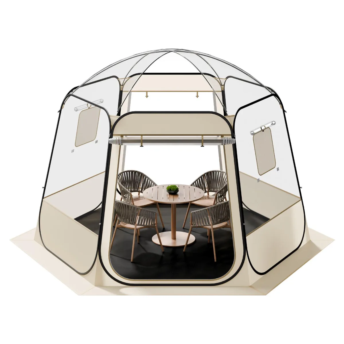 A beige and transparent pop-up dome tent with black trim and roll-up windows