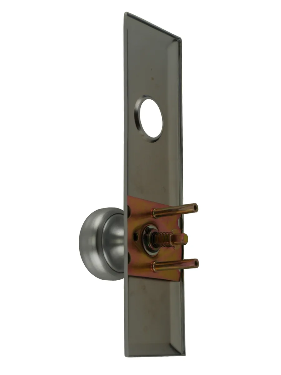 Satin chrome escutcheon plate with solid brass knob and cylinder hole