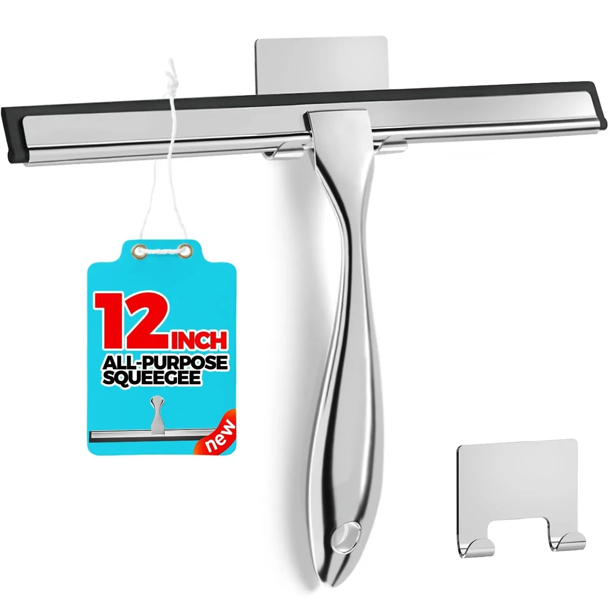 Silver 12-inch silicone blade squeegee with metal handle and adhesive hook