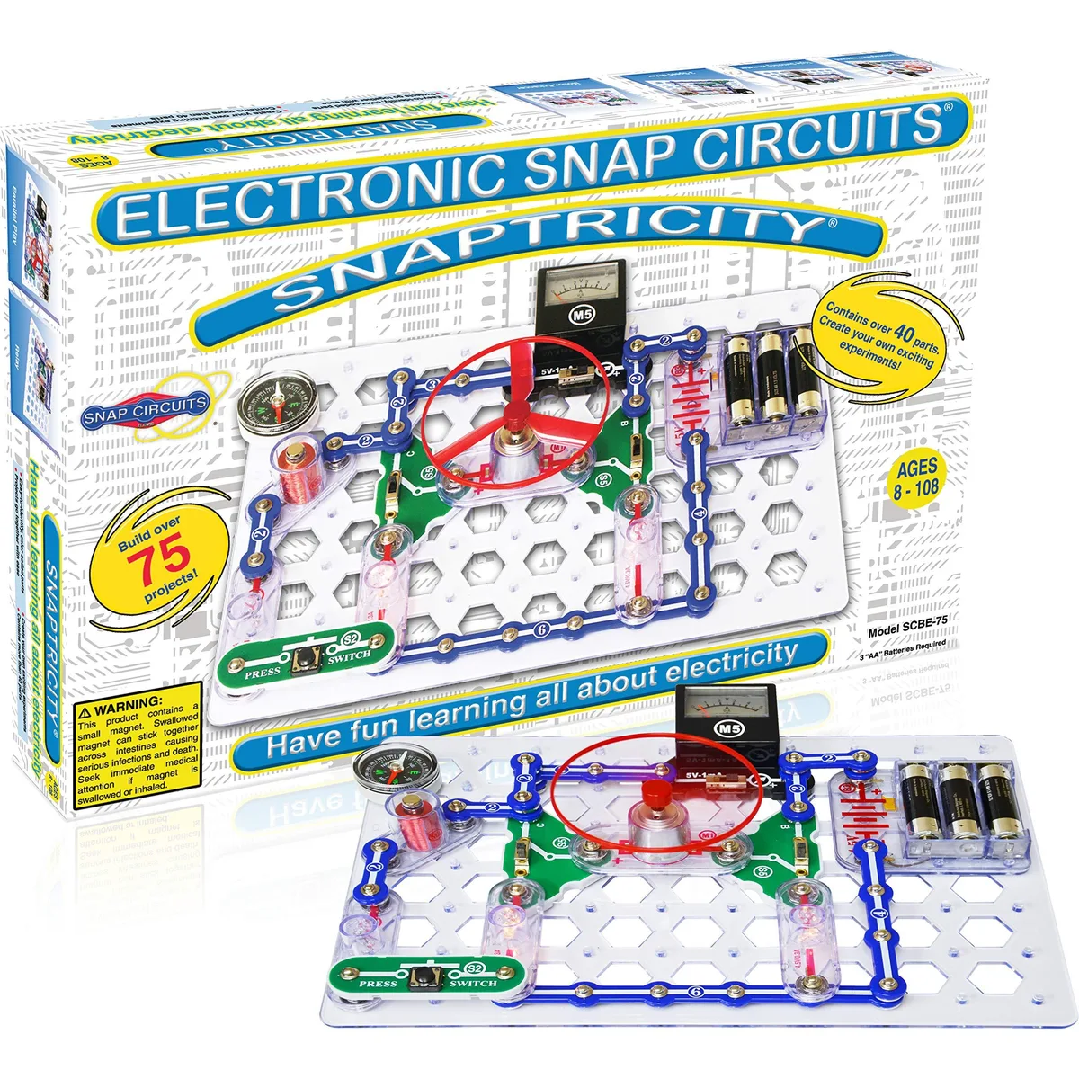 Black plastic box containing snap-together electronic parts for 75 projects