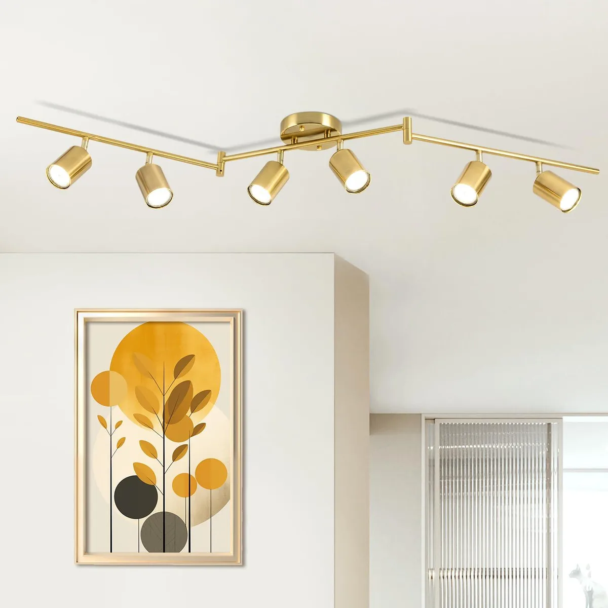 Six gold metal track heads on a bar, pivoting lamp tubes, GU10 sockets, bulbs not included