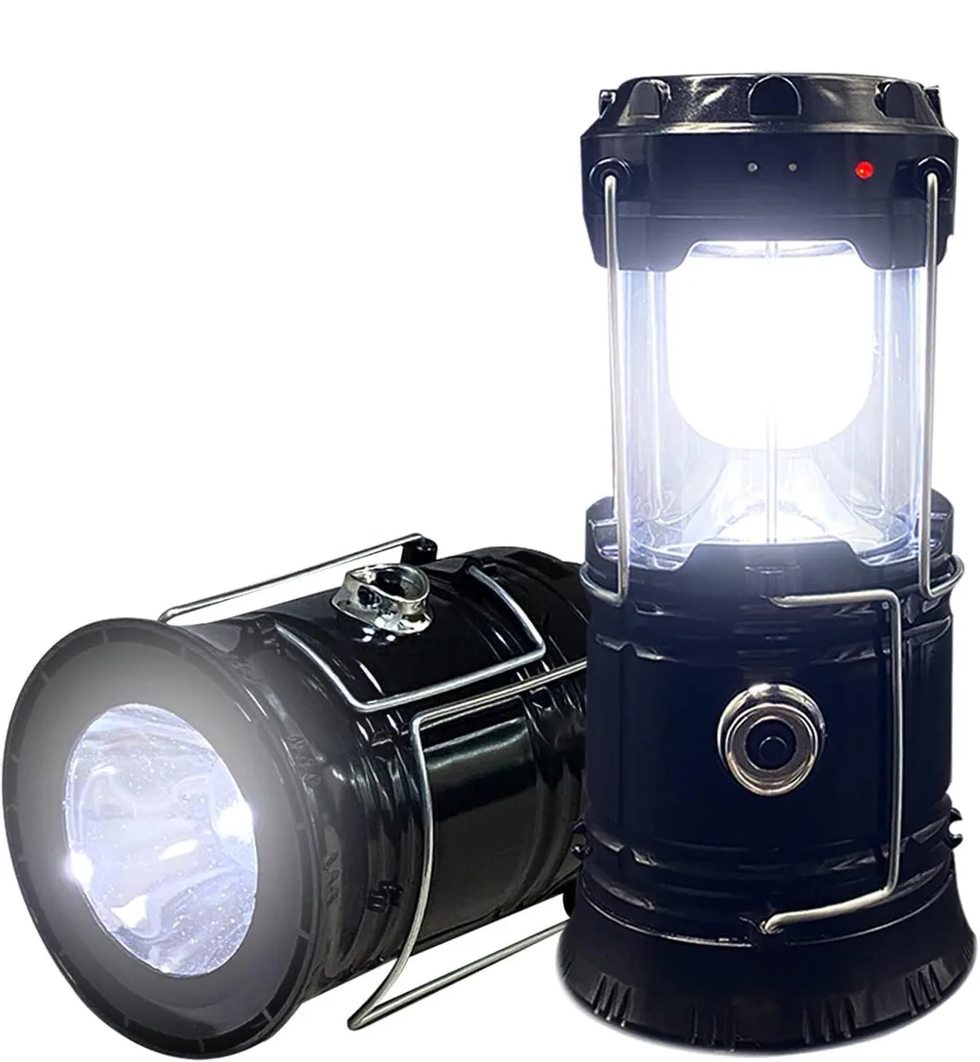 Two black collapsible LED lanterns with folding handles