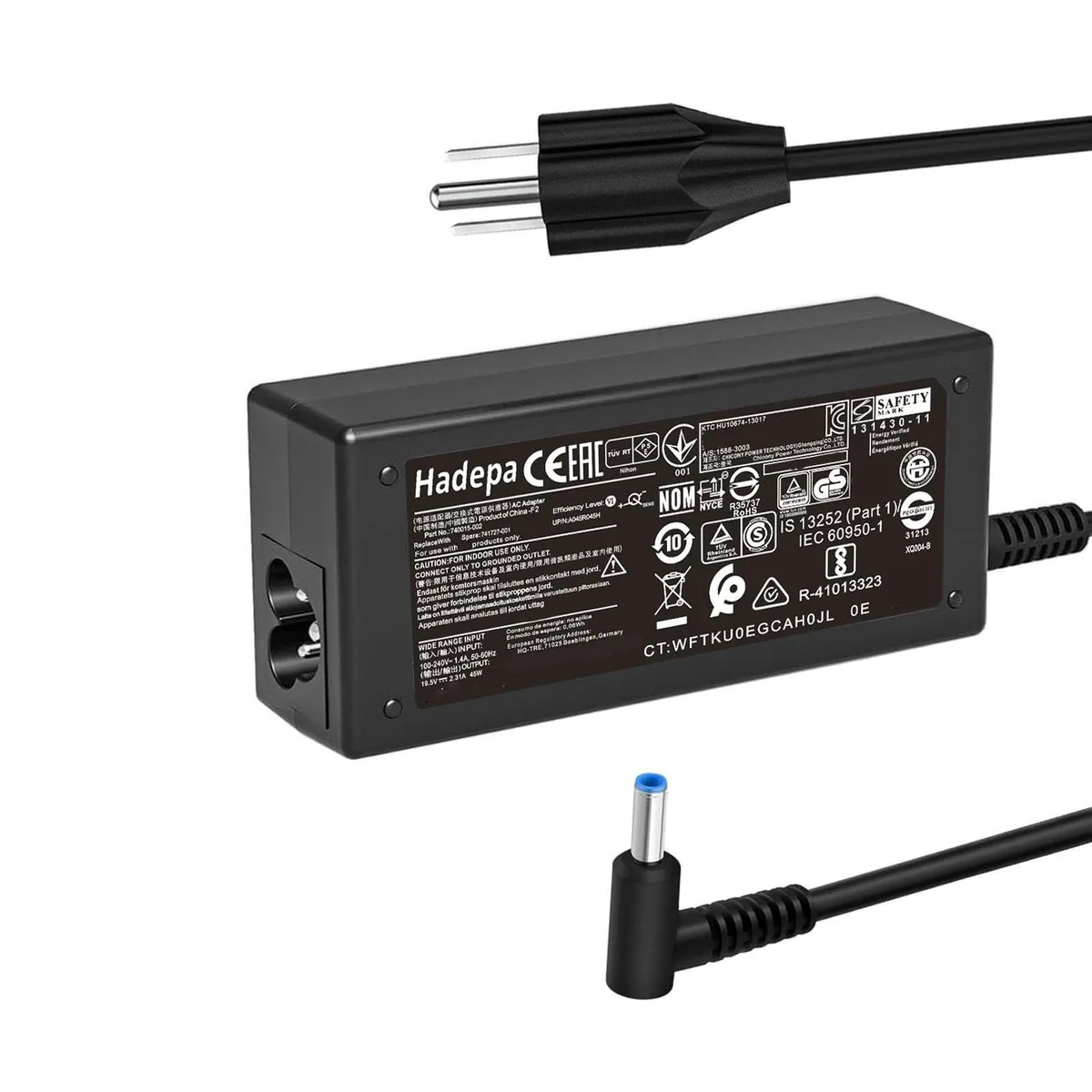 Rectangular black power brick with blue-tip barrel connector and detachable mains lead