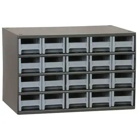 Gray steel cabinet with 20 polystyrene drawers, 17x11x11 inches, includes dividers and labels