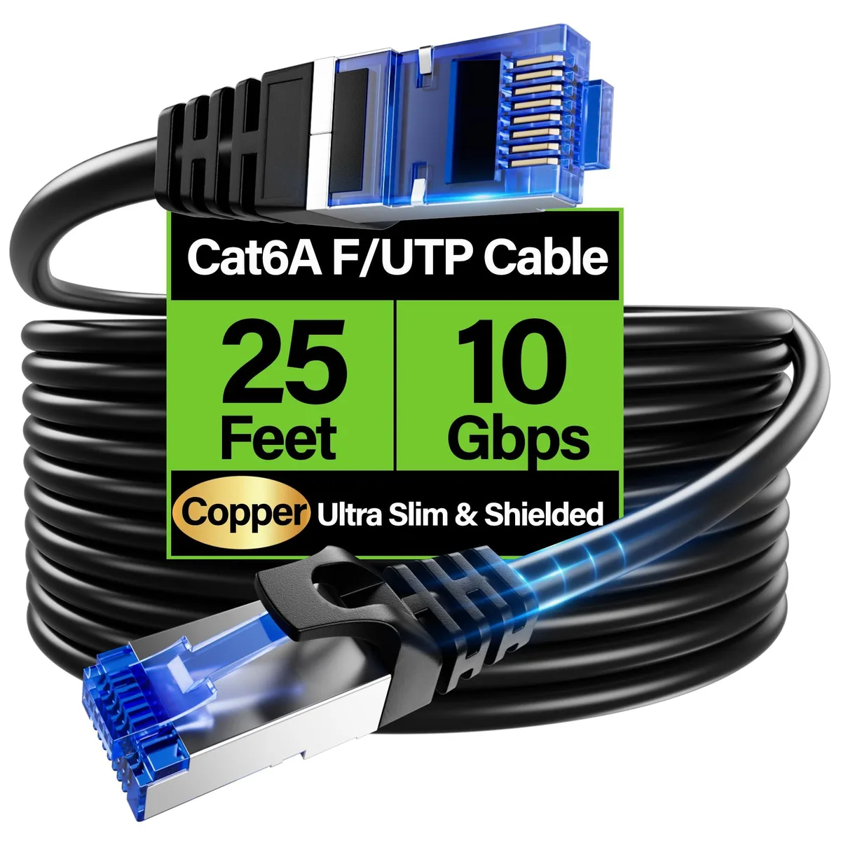 TuokaJu Cat6A Shielded Ethernet Cable 25 ft 28AWG Black — product photo
