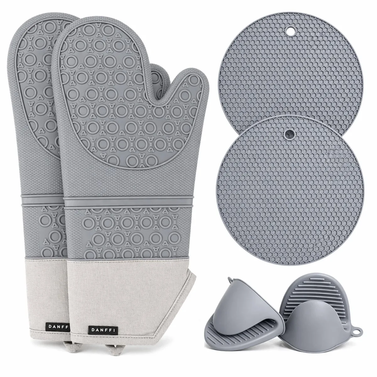  DANFFI Silicone Oven Mitts Set 6 Piece 14.1 in 500°F Gray — product photo