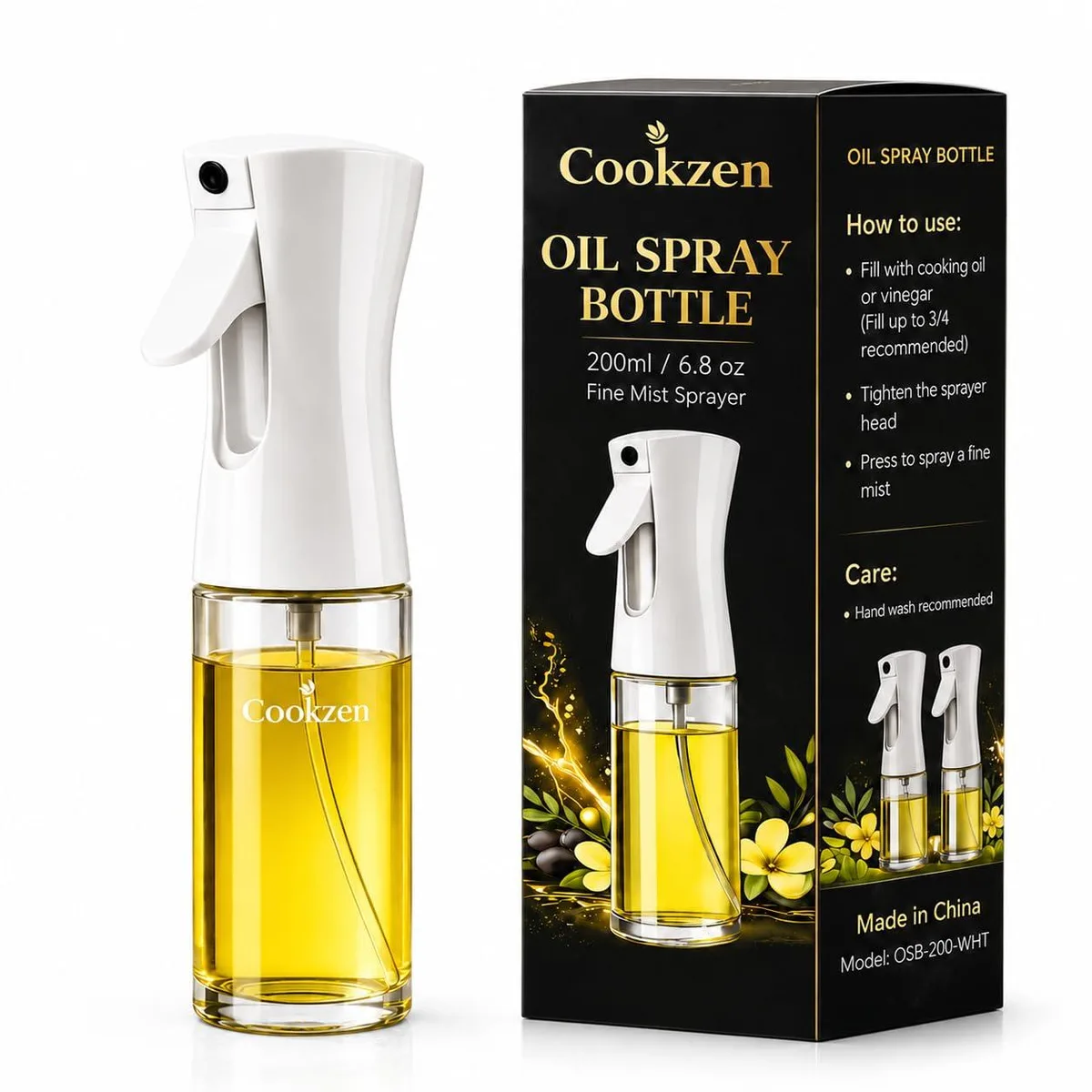 White glass oil spray bottle, 200 ml capacity, 2.28 by 8.46 inches