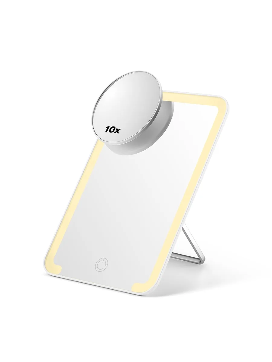 White rectangular tabletop mirror with magnetic 10X magnifier and touch light controls