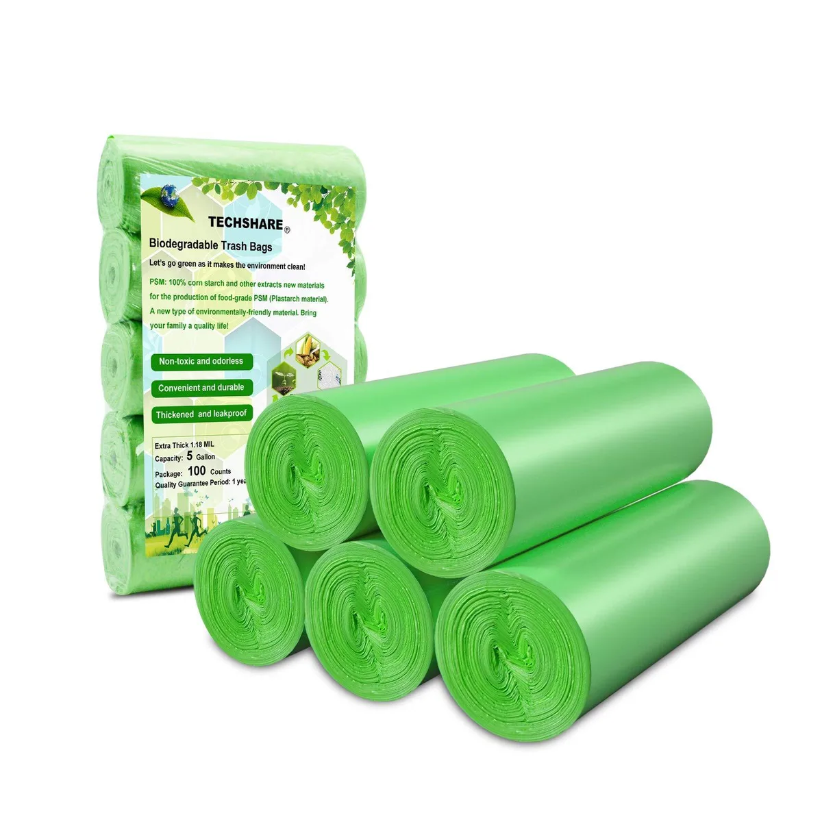 A pack of 100 green biodegradable trash bags made from cornstarch