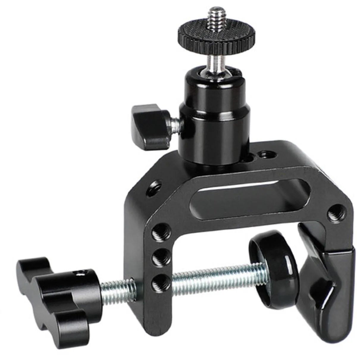 Black C-clamp with mini ball head and locking knob