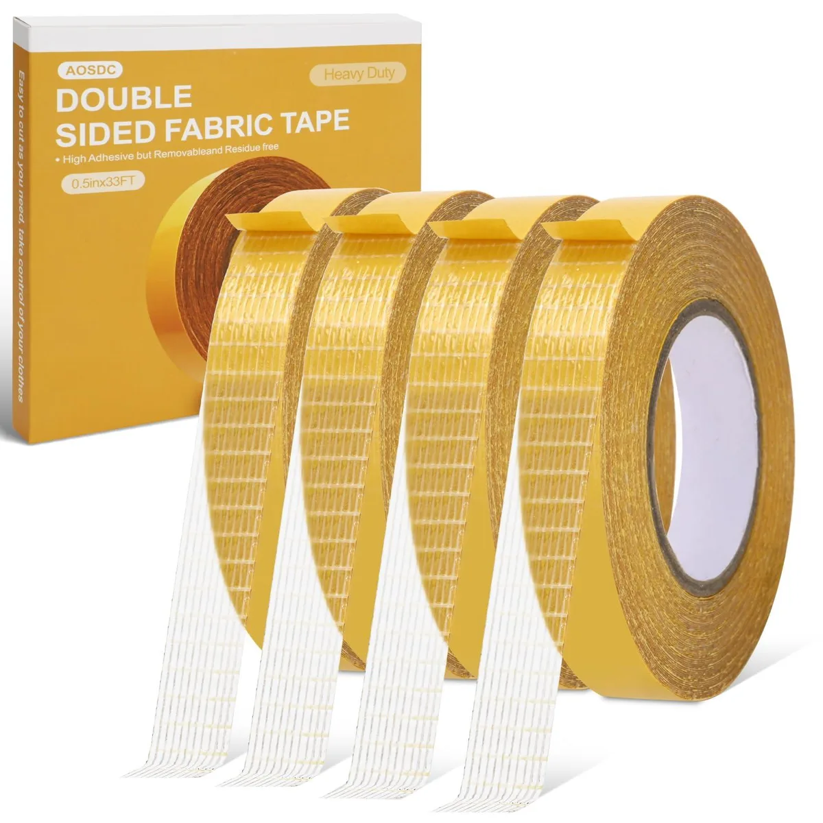 Four rolls of white double-sided fabric tape, each .5 in wide by 33 ft long, in clear packaging