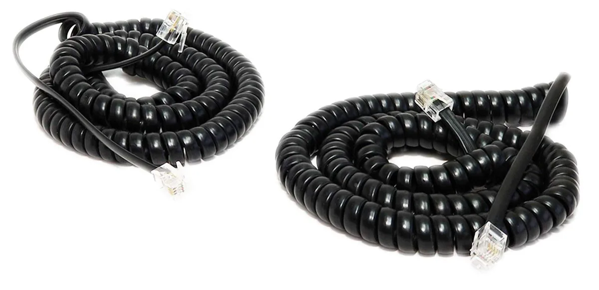 Two black coiled RJ22 handset cables, 12 ft extended length