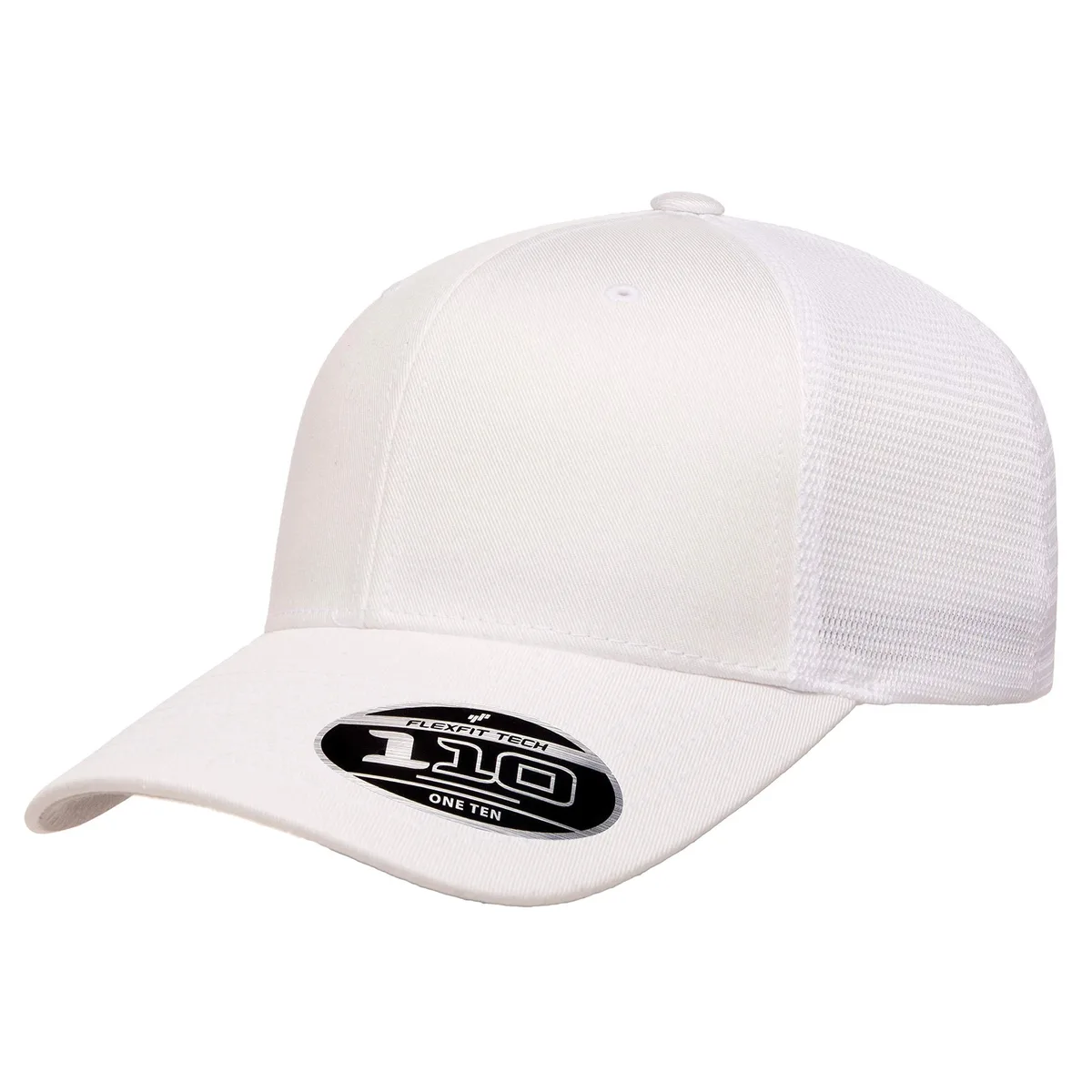 White six-panel trucker hat with mesh back panels and curved visor, unisex one size